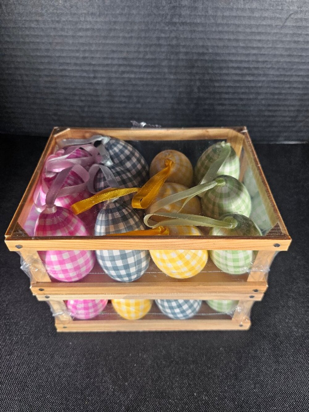 Two Wood Crates With 2 Dozen Assorted Fabric Gingham Eggs With Hanging Ribbon